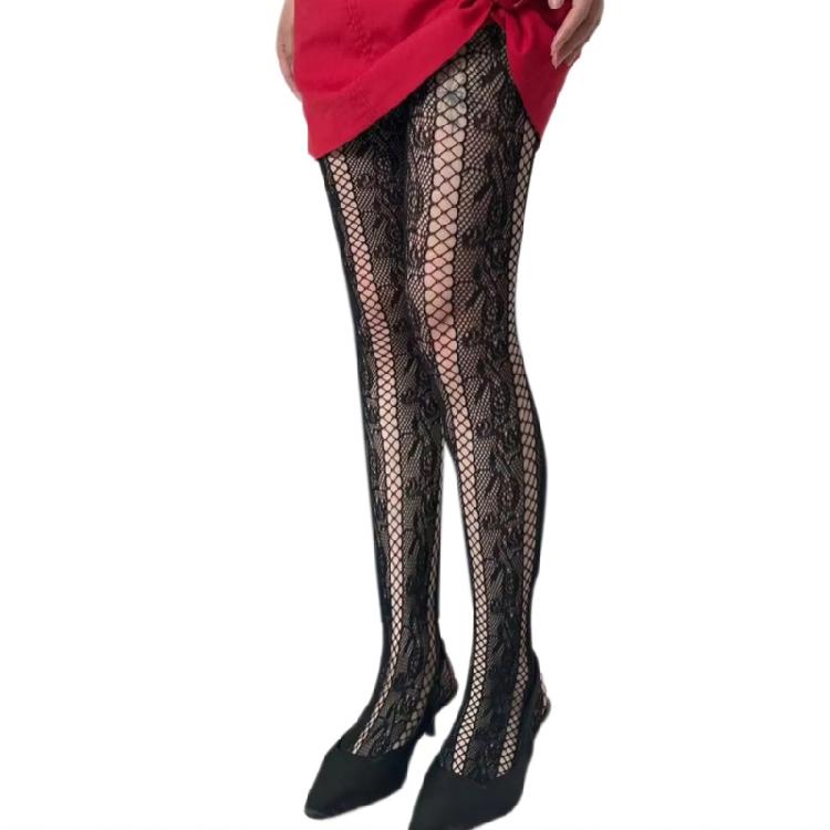 Womens Side Hollow Mesh Tights Rose Flower Fishnet Pantyhose Vintage Stockings чёрный