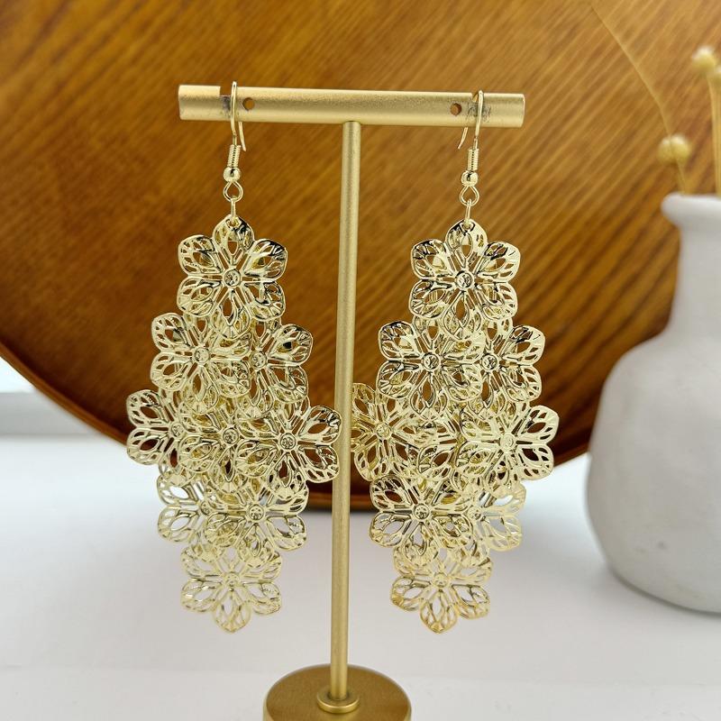 New multi-layer metal hollow rose rhombus geometric butterfly fringed earrings long earrings