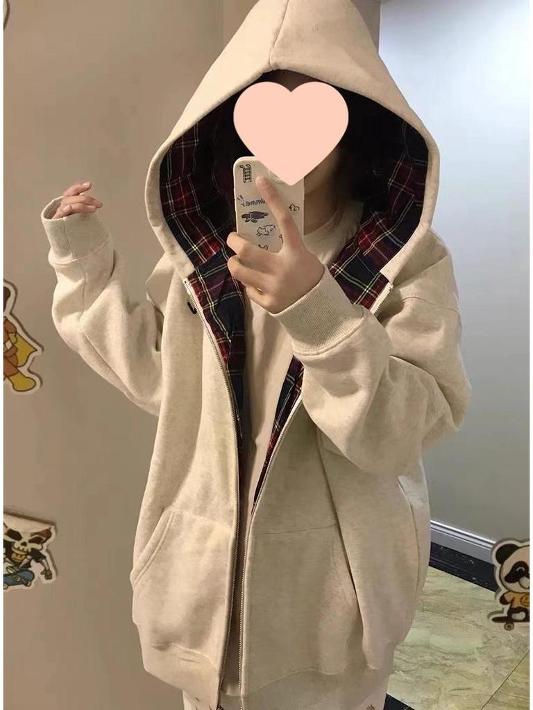 Women's Retro Plaid Patchwork Hooded Fleece Cardigan Jacket