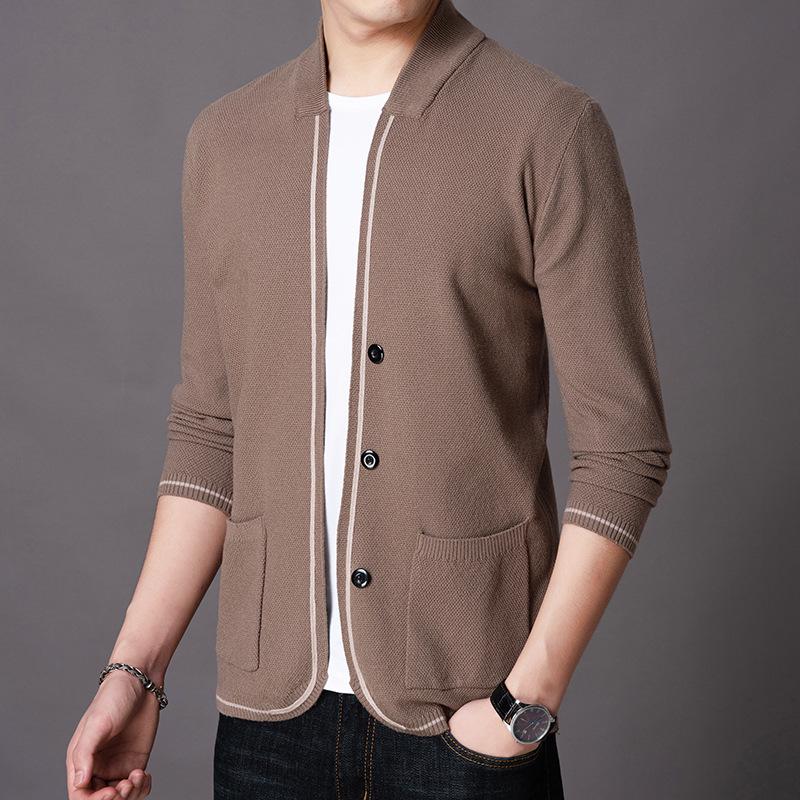 Men's Slim Fit Spring/Autumn Knit Cardigan with Pockets - Solid Color Korean Style Outerwear