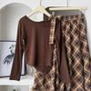 2025 Early Autumn Women's Casual Long-Sleeve T-Shirt & High-Waisted Plaid Skirt Set