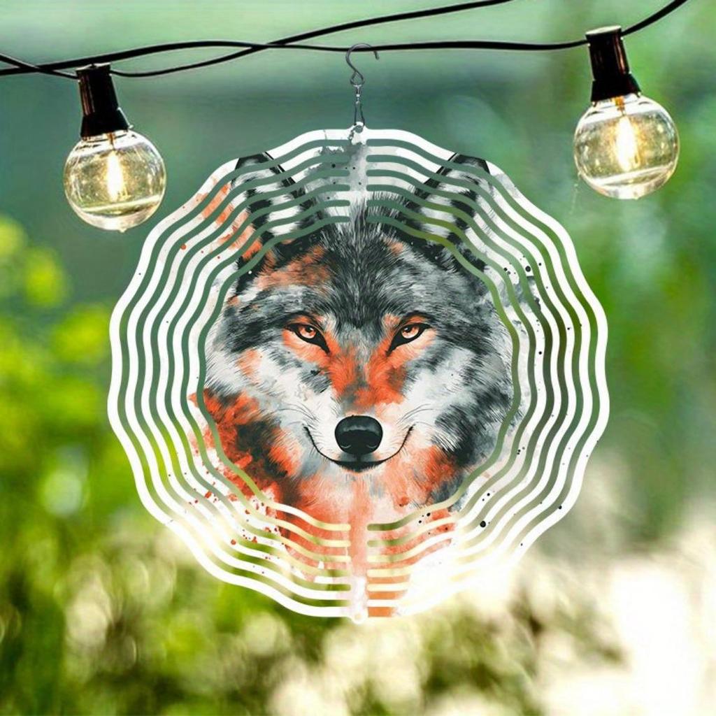 Wolf Watercolor Wind Chime with 360 Rotating Hook Outdoor Garden Patio Decor Weatherproof 2D Dynamic Art for Holiday Gifts