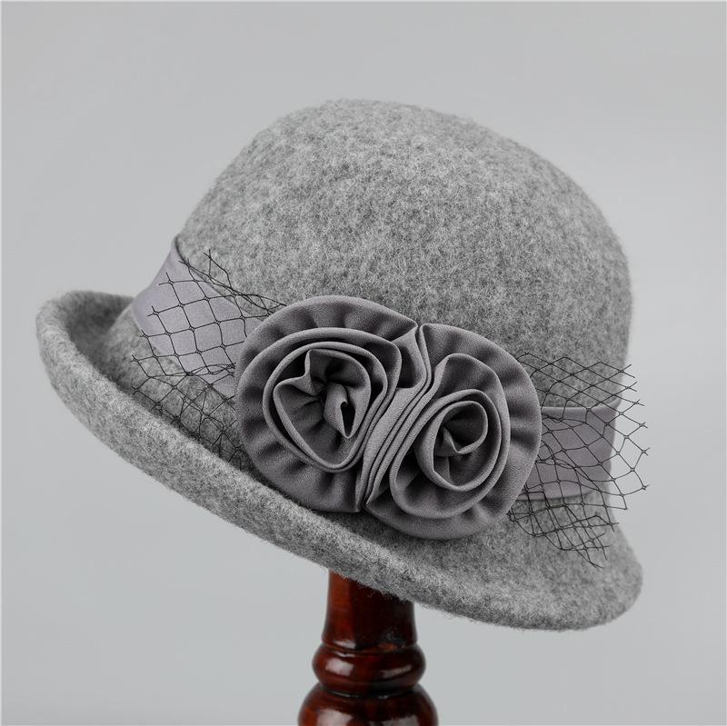 Hatt Dame høst og vinter ull varm bøttehatt Allsidig blomsterkrøllet topphatt Britisk mote ull pottelue