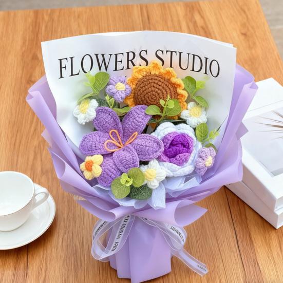 Crochet Flower Bouquet Handmade Knitted Cotton Thread Flowers Artificial Sunflower Wildflower Bouquet for Valentine's Day Anniversary Birthday