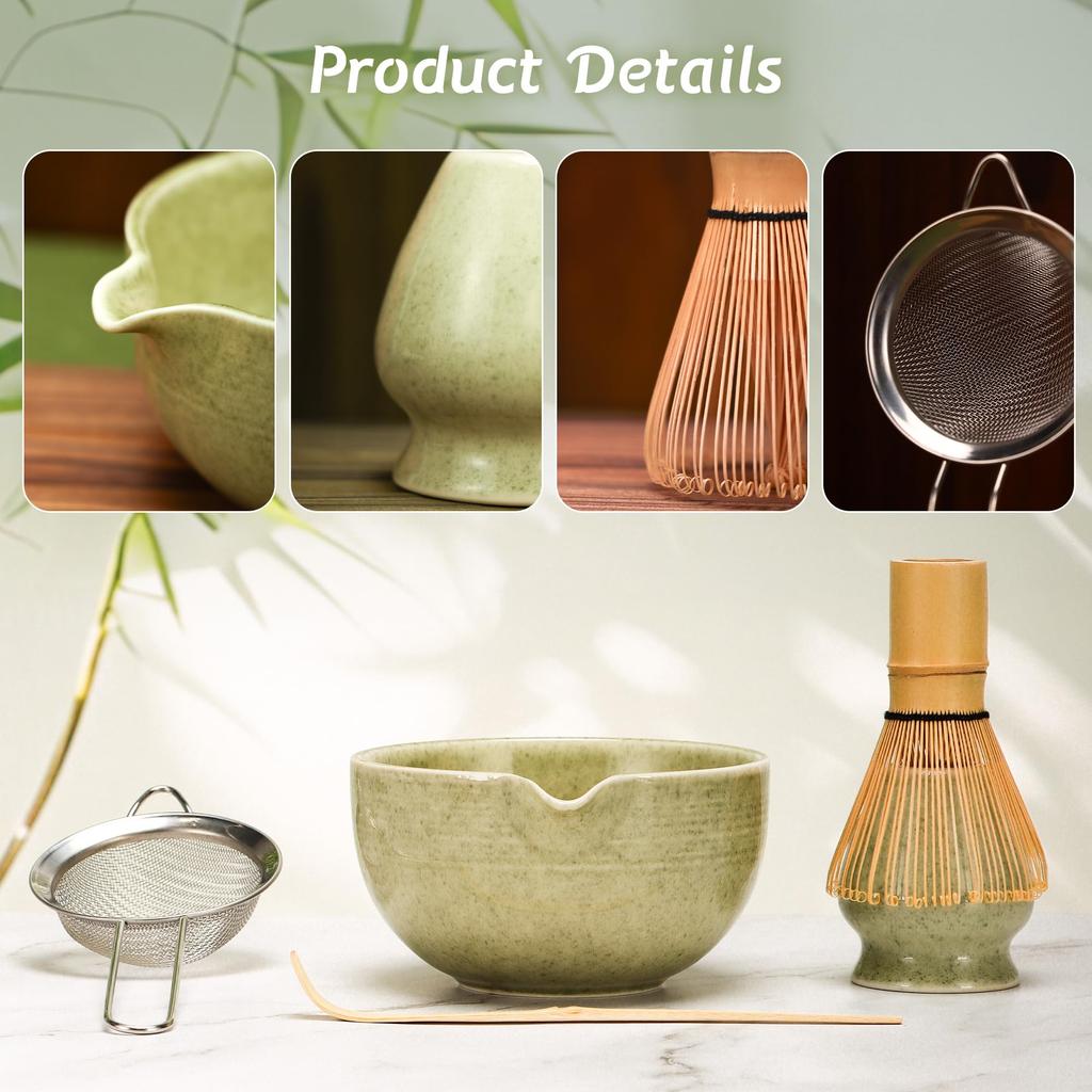 DiDiBirDi Matcha Tea Ceremony Includes Matcha Matcha Whisk Matcha Bamboo Traditional Bamboo and Stainless Steel Sieve Set, 5-Piece Set, Bowl, Stand,