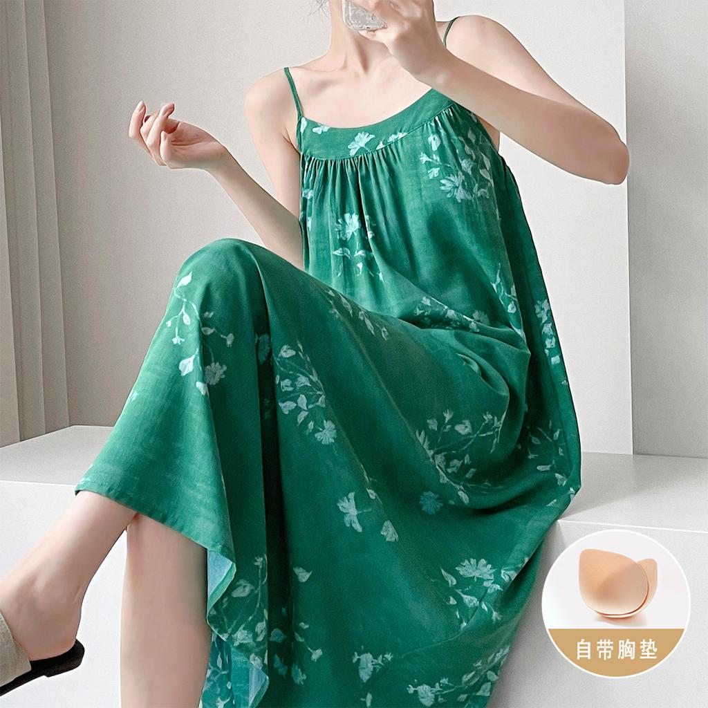 Summer cotton and silk suspender nightgown women's sleeveless chest pad can be worn outside loungewear anti-bumping artificial cotton dress