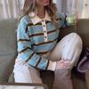 2026 Autumn/Winter Gentle Retro Striped Polo Collar Long Sleeve Sweater for Women