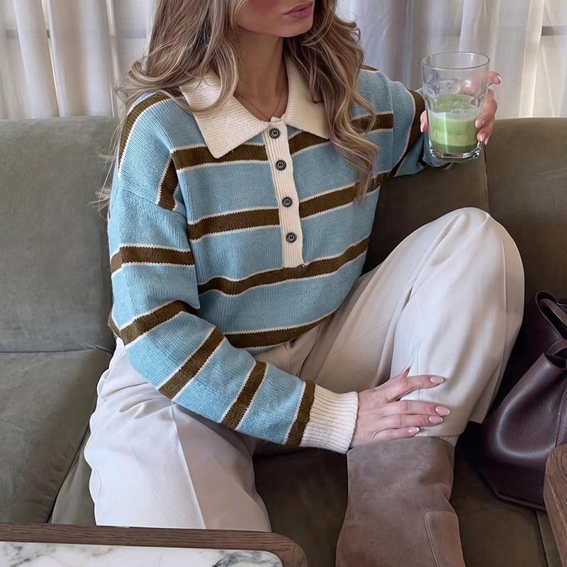 2026 Autumn/Winter Gentle Retro Striped Polo Collar Long Sleeve Sweater for Women