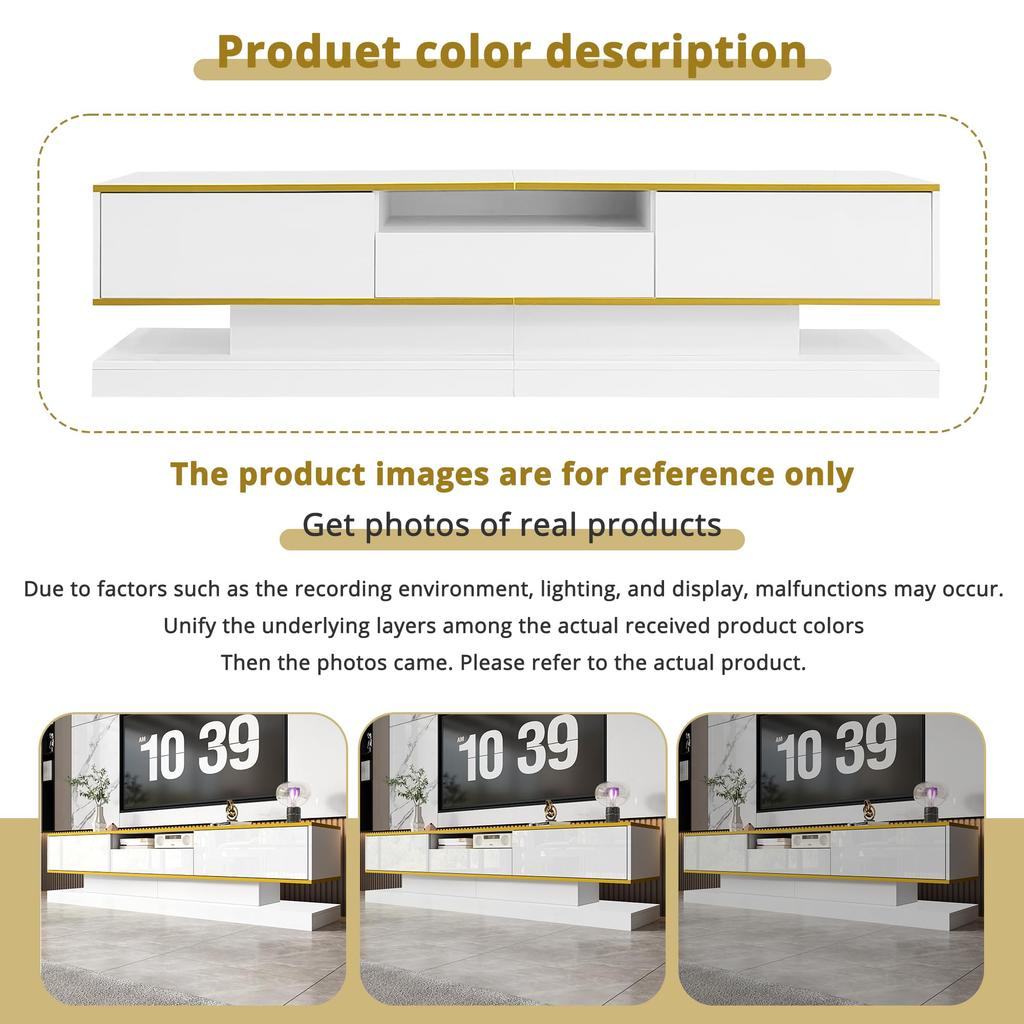 TV-Schrank, mit 3 Schubladen und offenem Fach, mit LED-Beleuchtung und goldenen Akzenten, modernes Lowboard mit viel Stauraum