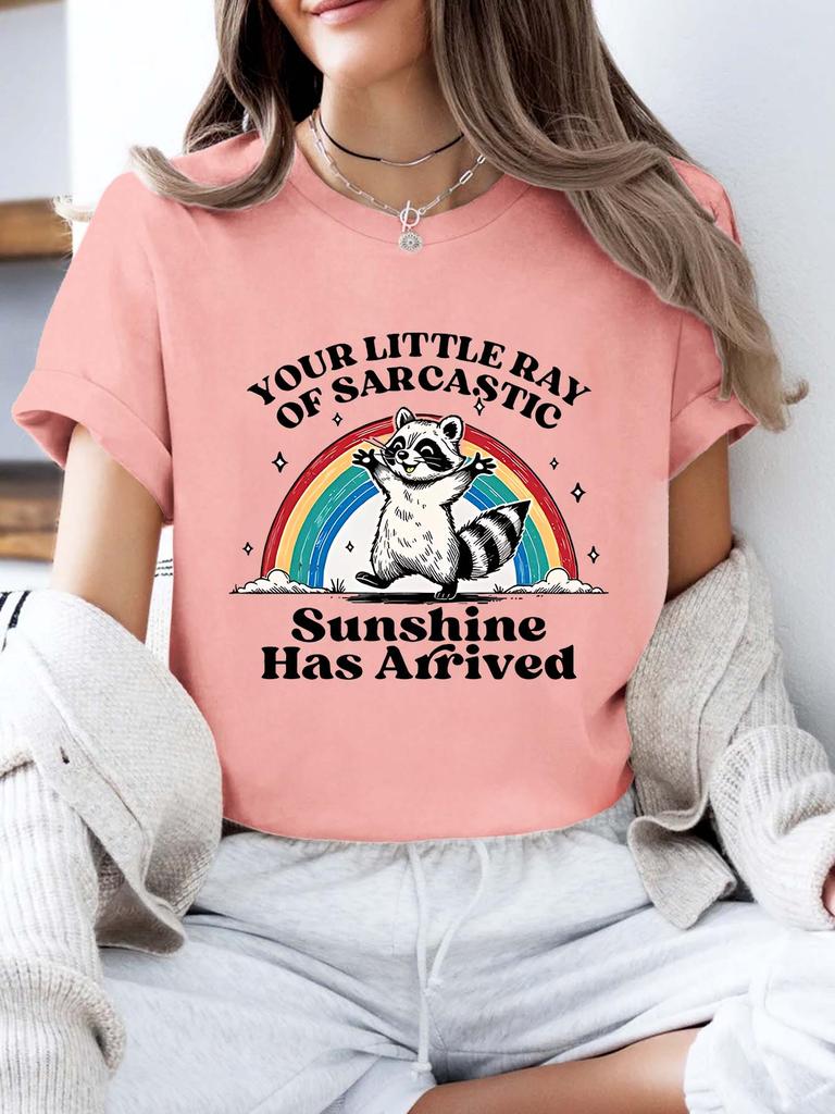 Humorous Raccoon Rainbow Graphic Tee Women Tshirt Short Sleeve Tops Tees