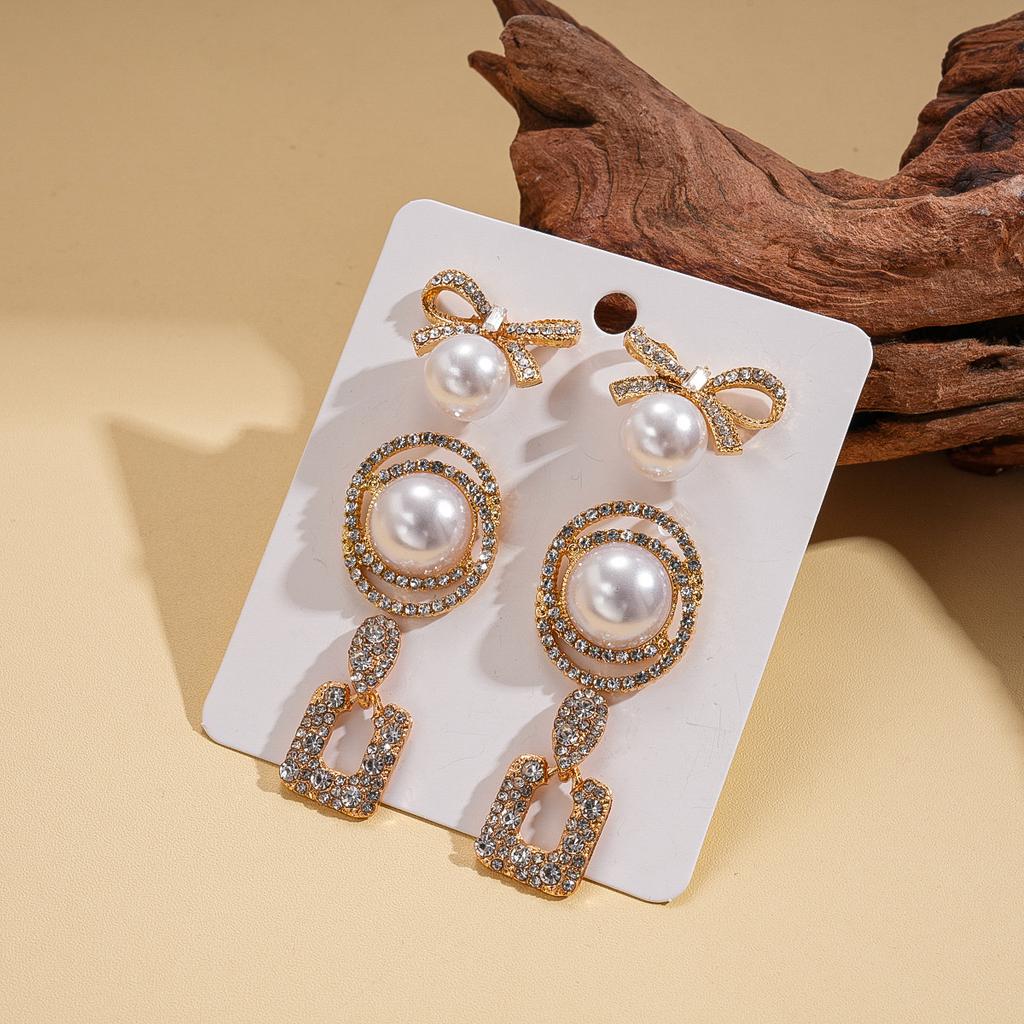 Twelve-piece set of diamond-set imitation pearl opal geometric silver needle stud earrings retro earrings