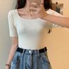 Women's Summer Square Neck Short Sleeve Solid Color All Match Pullover Knit Sweater