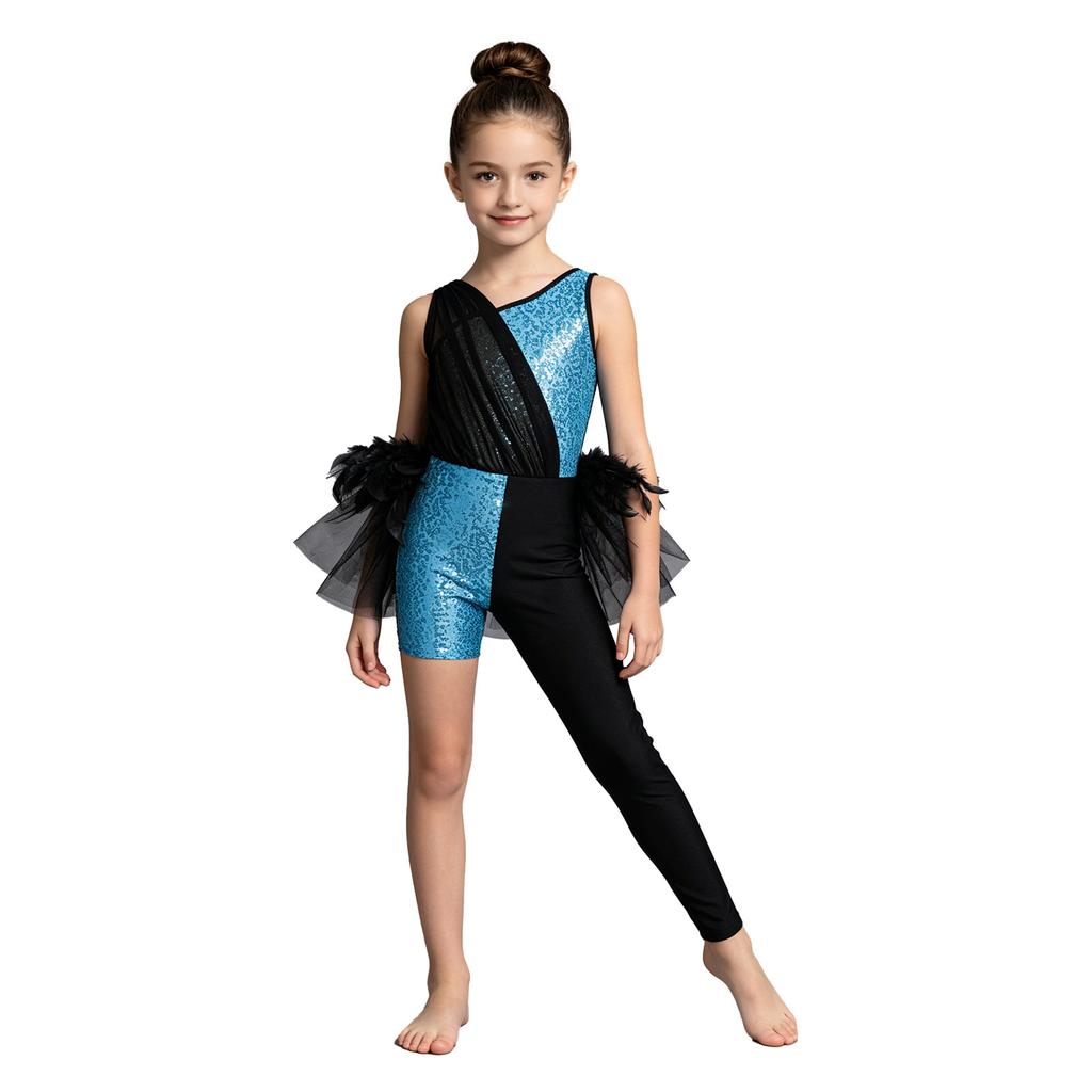 Girls Sparkling Sequins Asymmetrical Color Block Dance Jumpsuit Leotard with Feather Tulle Skirt Bodysuit for Performance Competition