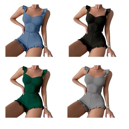 Women's Ribbed Pajamas Set Ruffle Trim Sleeveless Crop Top And Shorts 2 Piece Sleepwear Summer Casual Lounge Matching Set