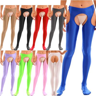 Womens Glossy Leggings Cutout Pantyhose Mid Waist Elastic Waistband Skinny Fit Crotchless Tights