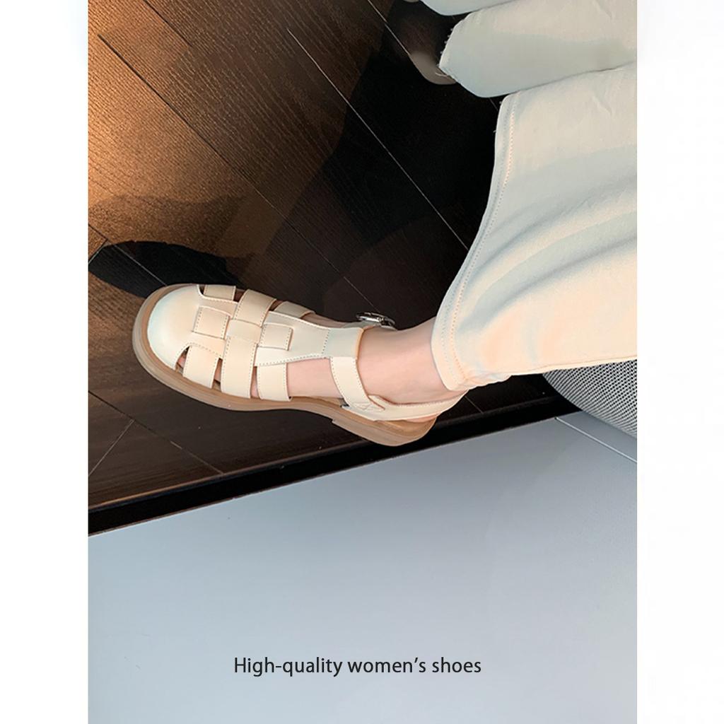 Rindslederversion Römische Sandalen Damen 2025 Sommer neue weichsohlige Taschenkopfschuhe dicksohlige Retro-Flachsohlen-Gitterpoesie-Damenschuhe