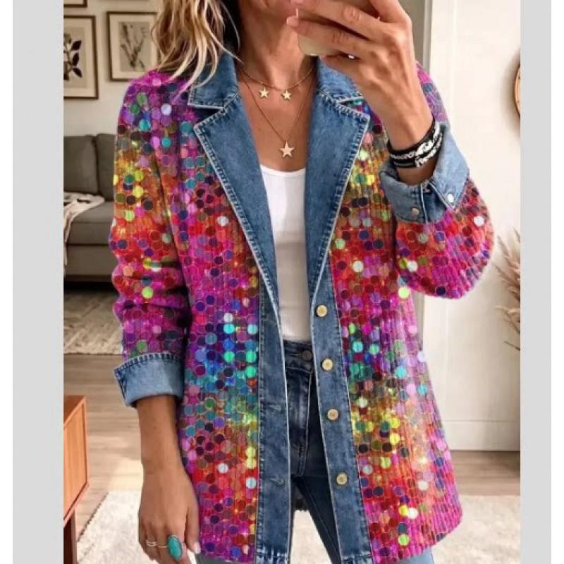Damen Leopardenmuster Denimjacke Langarm Lockerer Schnitt Lässig Offene Vorderseite Hemdkragen Streetwear Mantel