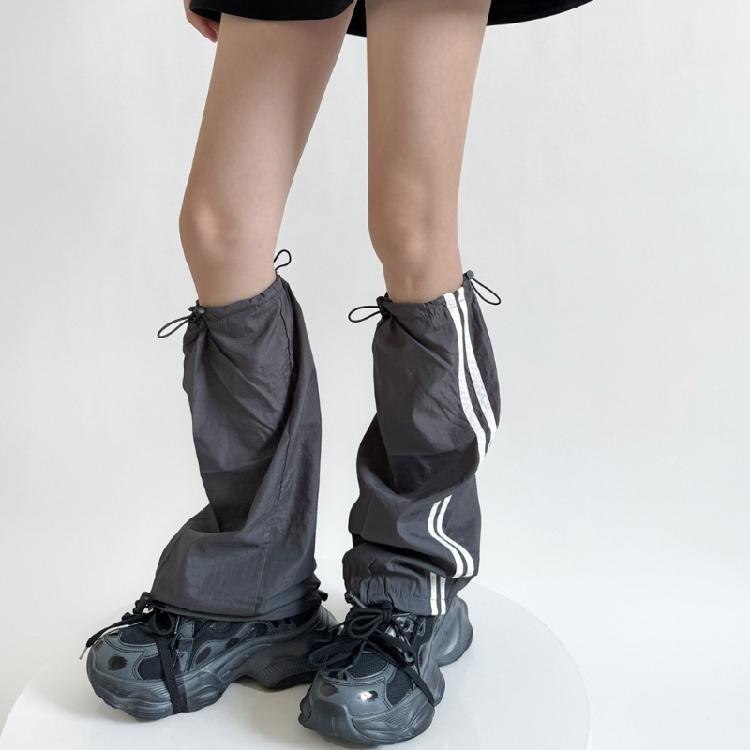 Damen Harajuku Seitliche Doppelt gestreifte Cargo Beinabdeckung mit Kordelzug Motorrad Baggy Fußlose Socken Beinstulpen Gamaschen