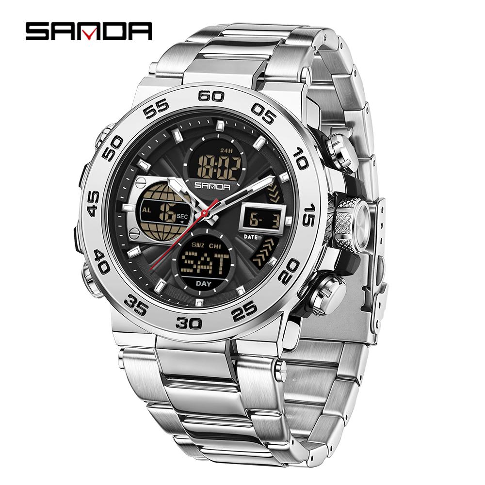 SANDA 6312 New Steel Strip Sports Watch Dual Display Dual Movement 5ATM Waterproof Multi functional Men's Electronic Watch-1