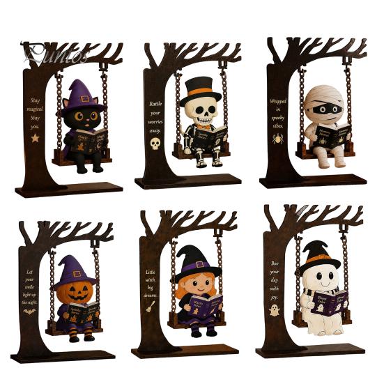 Spooky Halloween Party Supplies Funny Swing Ornament, Witch/Skeleton/Mummy/Pumpkin Ghost Sitting on Indoor Outdoor Decorations Reading Book