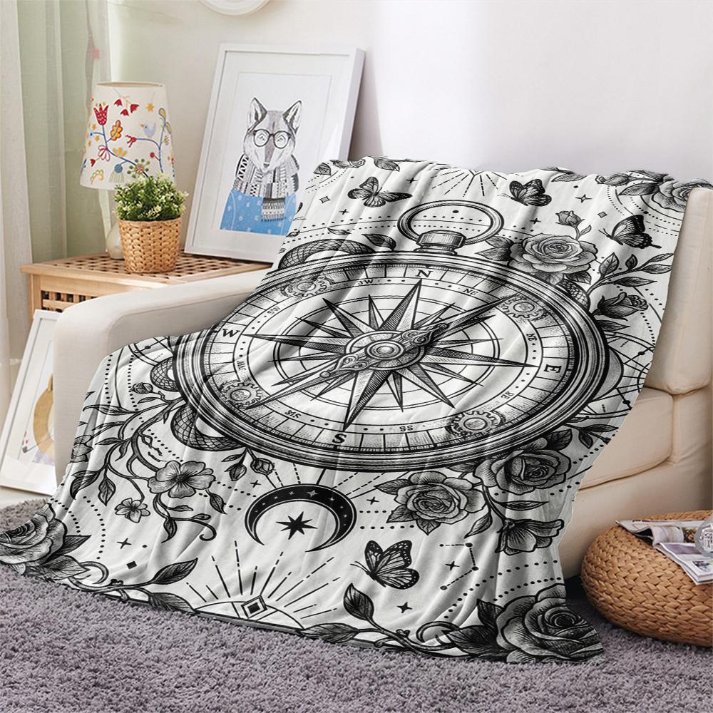 1Pc Compass Print Flannel Blanket, High Quality Comfortable for All Seasons, Home Decor, Warmth and Comfort, Perfect for Christmas Gifts W167