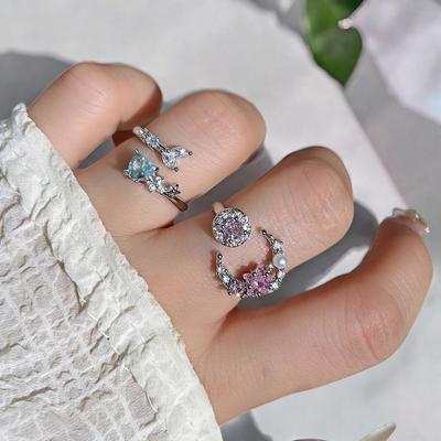 Niche Design Blue Love Zircon Fishtail Open Ring Light Luxury High Sense Pink Star Crescent Ring Woman
