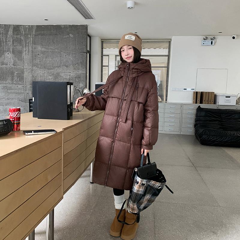 

Белый пуховик из гагачьего пуха женский удлиненный до колена новый осенне-зимний свободный пуховик с капюшоном XL коричневый