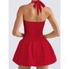 Women's Summer Pleated Backless Sexy Lace Up One Line Neck Princess Dress