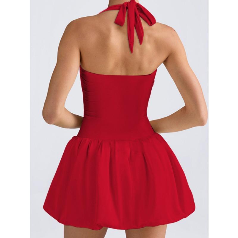 Women's Summer Pleated Backless Sexy Lace Up One Line Neck Princess Dress