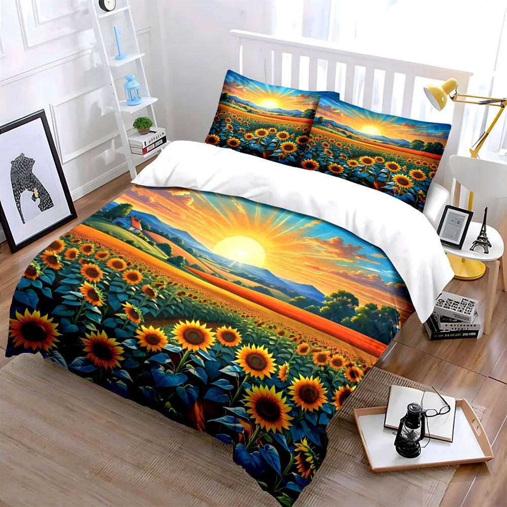 Sunflowers and Sunrise Landscape Bedding Duvet Cover Set (1*Duvet Cover 2*Pillowcases, without duvet insert)