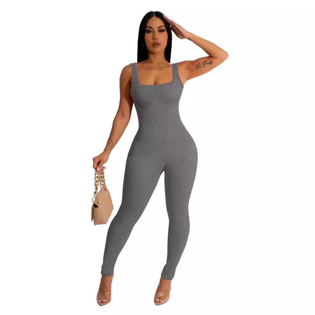 Women's Square Neck Sleeveless Jumpsuit Slim Fit High Waist Solid Color Ribbed Bodycon Sport Jumpsuit