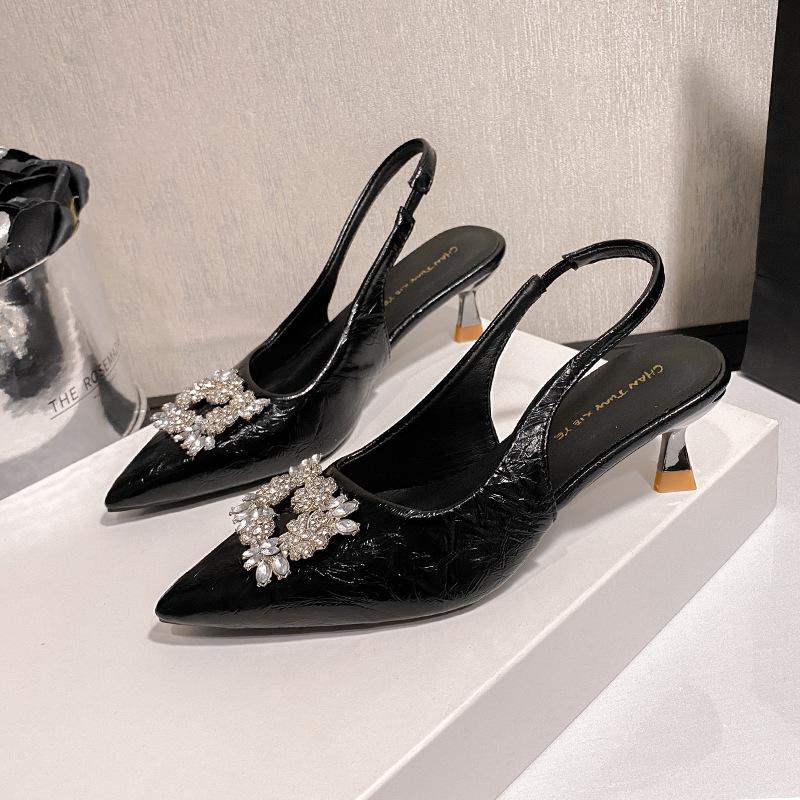 Rhinestone Pointed Sandals Spring New Bag Head Thin Heel Dress Versatile High Heels Women