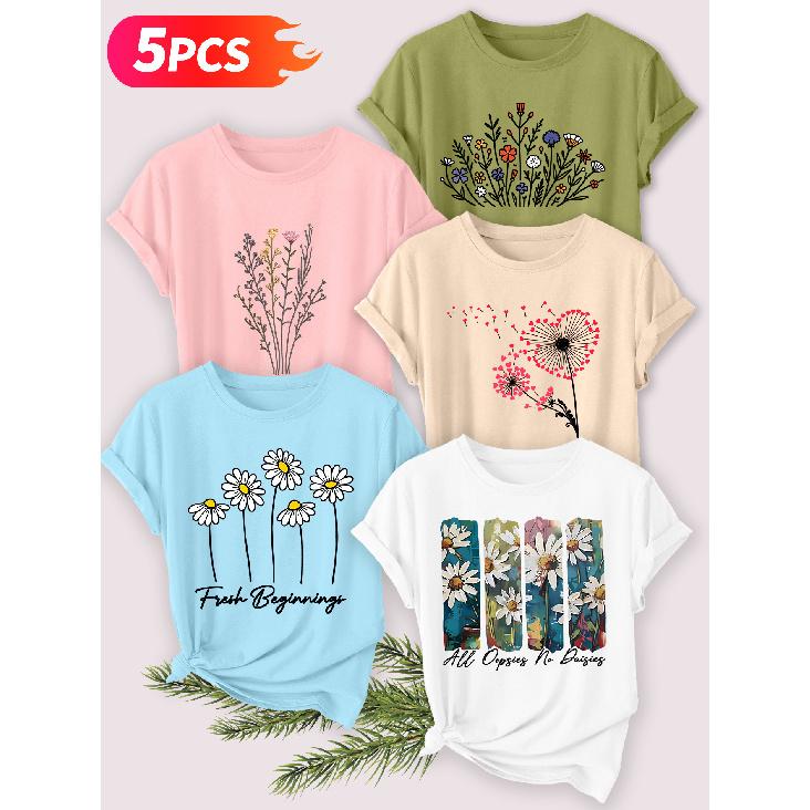 Five-piece set Elegant short-sleeved shirt for women Artistic floral print round-neck women's short-sleeve shirt suitable for spring and summer