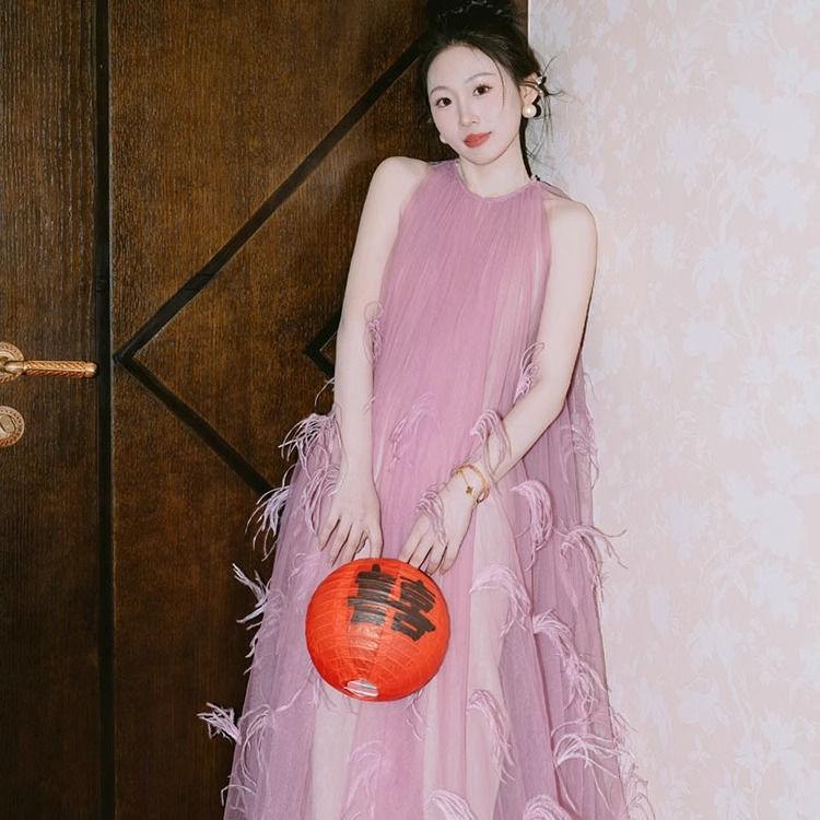 2025 Розовое тюлевое платье-халтер феи для невесты и тост Small розовый