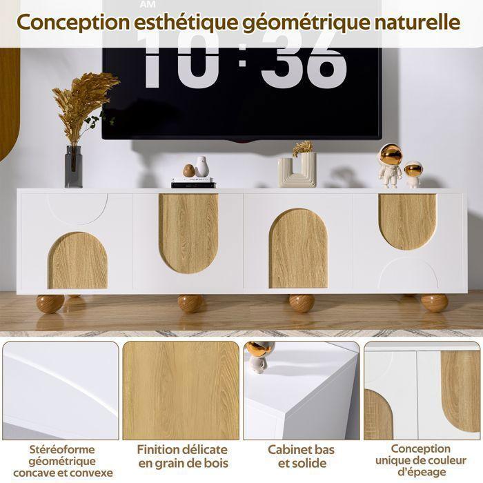 Meuble TV Bas - Moderne - Blanc et Bois - 4 Portes et Rangements pour Salon