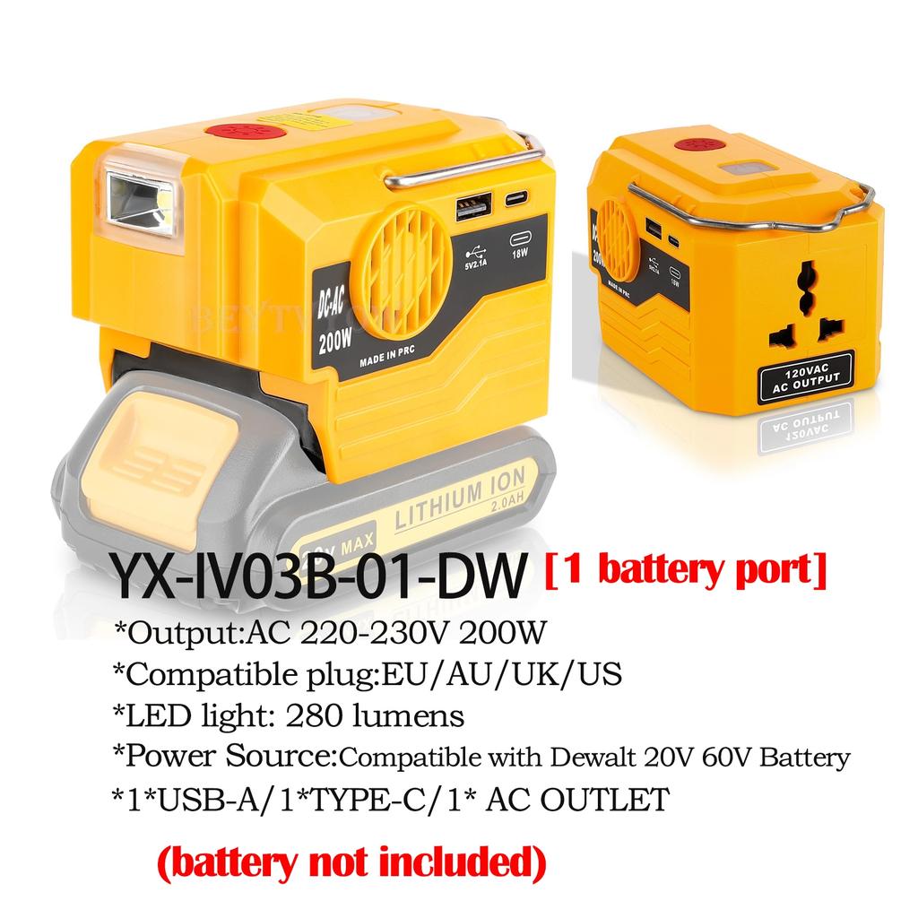 DC 20V to AC 110/220-230V Power Inverter Compatible with Dewalt 20V Max Battery 200W Portable Modified Sine Wave Power Converter