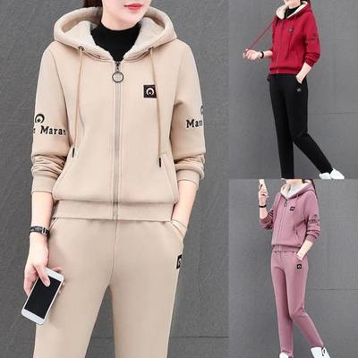 2 Pcs/ Set Pants Suit Hooded Plush Drawstring All Match Coat Suit for Daily Wear