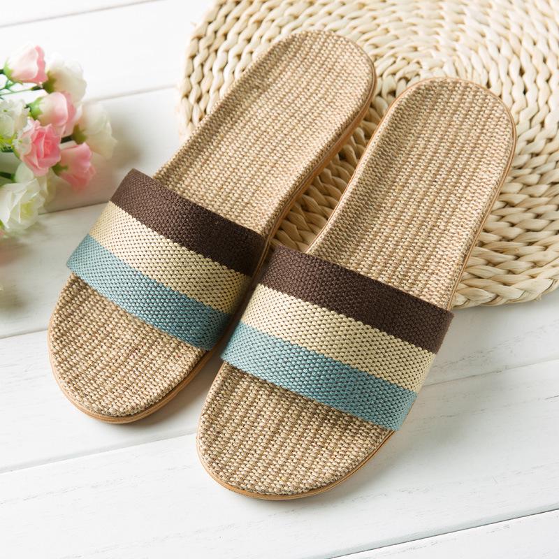 New linen slippers women's summer indoor wooden floor couple home non-slip thick bottom home cool slippers men