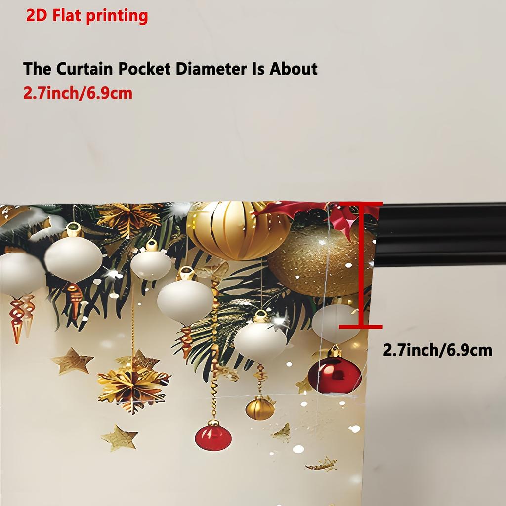Set Of 2 Christmas Ball Star Curtains Golden Red Pine Leaf Print Semi Living Room Kitchen Bedroom Decor Curtain With Rod Pocket Sheer Polyester