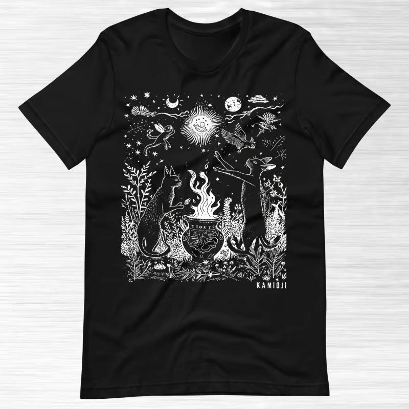 Celestial Cat Tshirt, Trippy Witch Shirt, Retro Dark Cottagecore Aesthetic T-shirt, Abstract Folk Art, Weirdcore Goth Clothing,