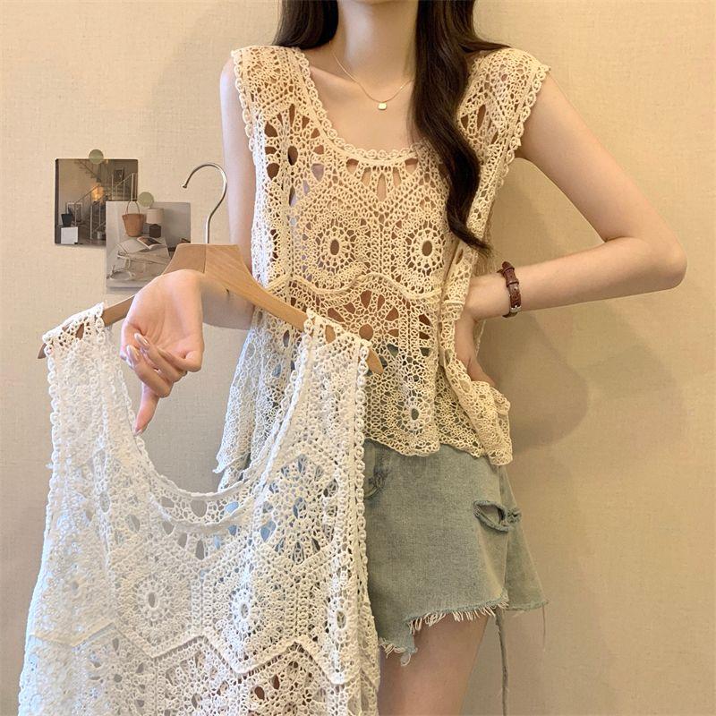 Lace Crocheted Hollowed-out Camisole Vest for Women Plus-size Summer Waistcoat Cover Top