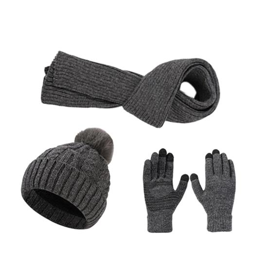 3Pcs/Set Winter Hat Scarf Gloves Set Solid Color Windproof Plush Ball Hat Neck Warmer Touch Screen Gloves Set