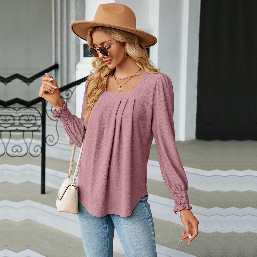 2023 Autumn/winter Women's Casual Square Collar Long Sleeve Dovetail Solid Color Loose T-shirt