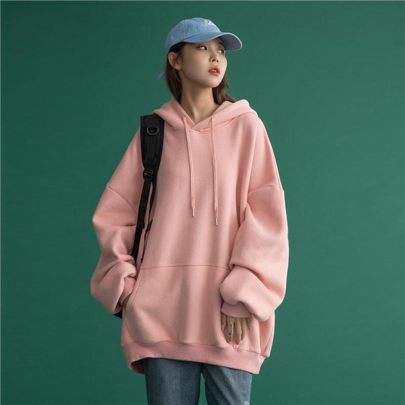 Plus Size Solid Color Korean Style Hooded Sweatshirt - Loose Mid-Length Pocket Jacket for Autumn/Winter