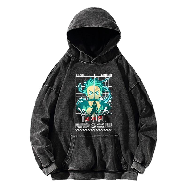Anime Demon Slayer Kamado Tanjirou Cool Print Hooded Men Women Washed Cotton Hoodies Harajuku Male Kimetsu No Yaiba Sweatshirt