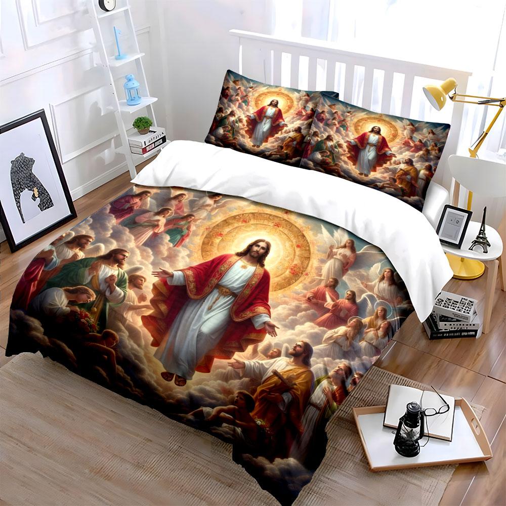 Set Biancheria da Letto Religioso Gesù Cristo Angelo Celeste 3pz Morbido Set Biancheria Amico della Pelle Include 1 Copripiumino e 2 Federe Regalo