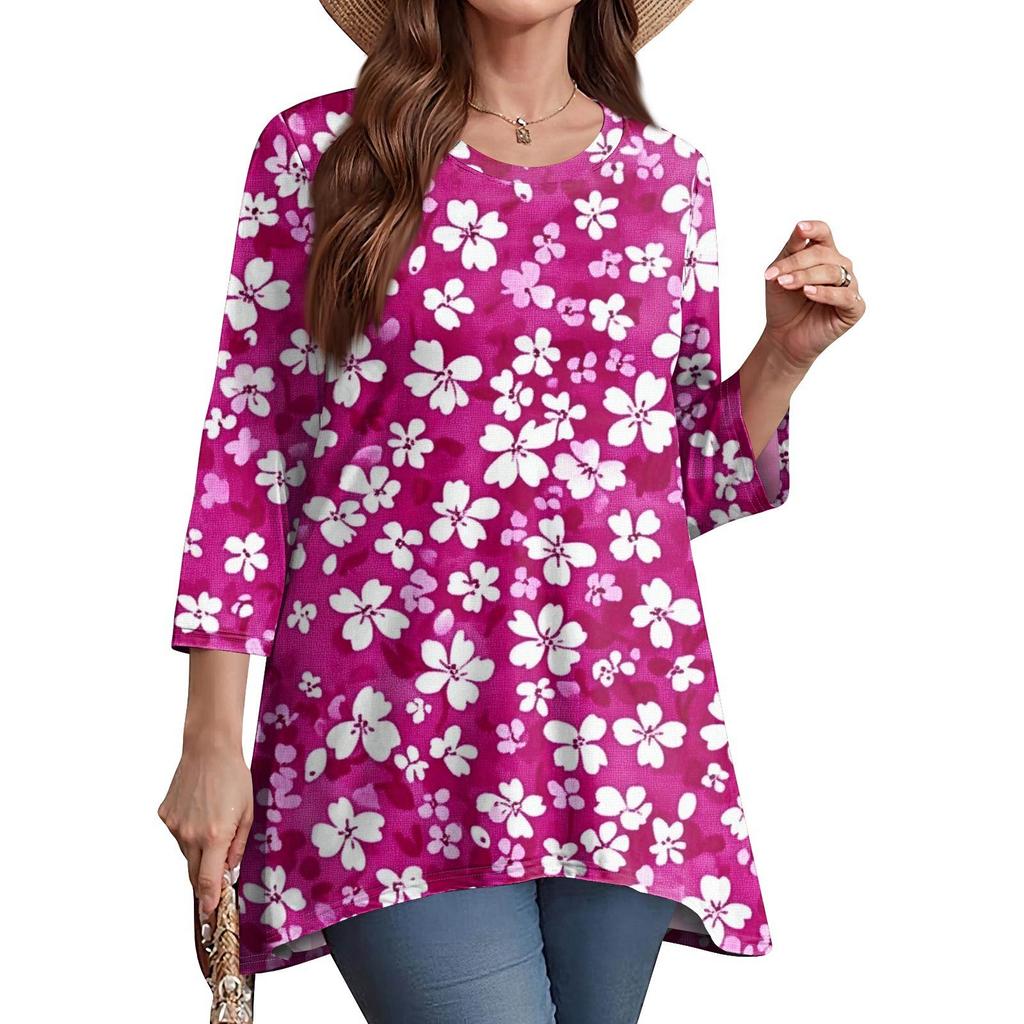 Women's Fashion Casual O-Neck 3/4 Sleeve Loose Printed T-Shirt Ladies Top