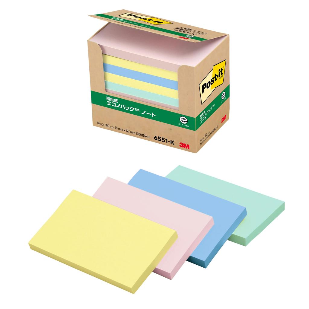 3M Pastel 75 x 100 sheets x 10 Eco Mark certified Green Purchasing Law Post-it Notes, Large, Colors, 127mm, pads, 6551-K, product, compliant.
