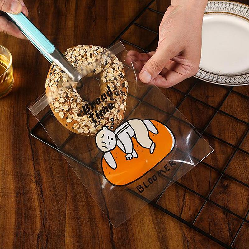 Cartoon Bread Storage Bags Self-Sealing Clear Plastic Packaging Bags For Sliced Bread Donuts Bagels Buns Resealable Bakery