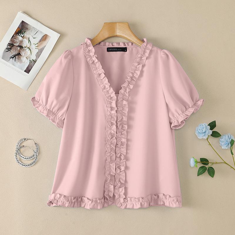 ZANZEA Blusa Casual da Donna con Scollo a V Tinta Unita Maniche Corte Larghe